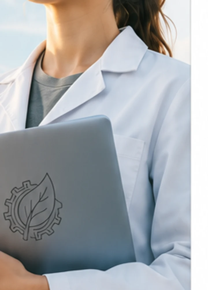 A researcher holding a laptop marked with the STEMMING leaf and gear symbol.