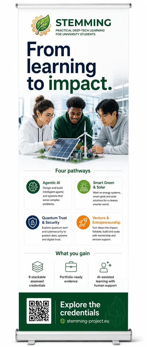 STEMMING roll-up banner presenting the project pathways and student benefits.
