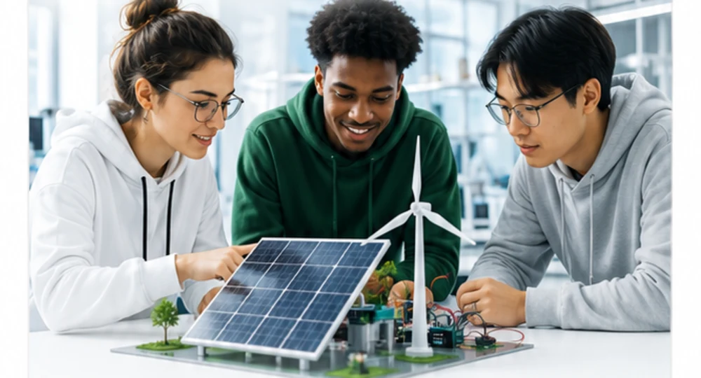Students collaborating on a smart-solar engineering model.